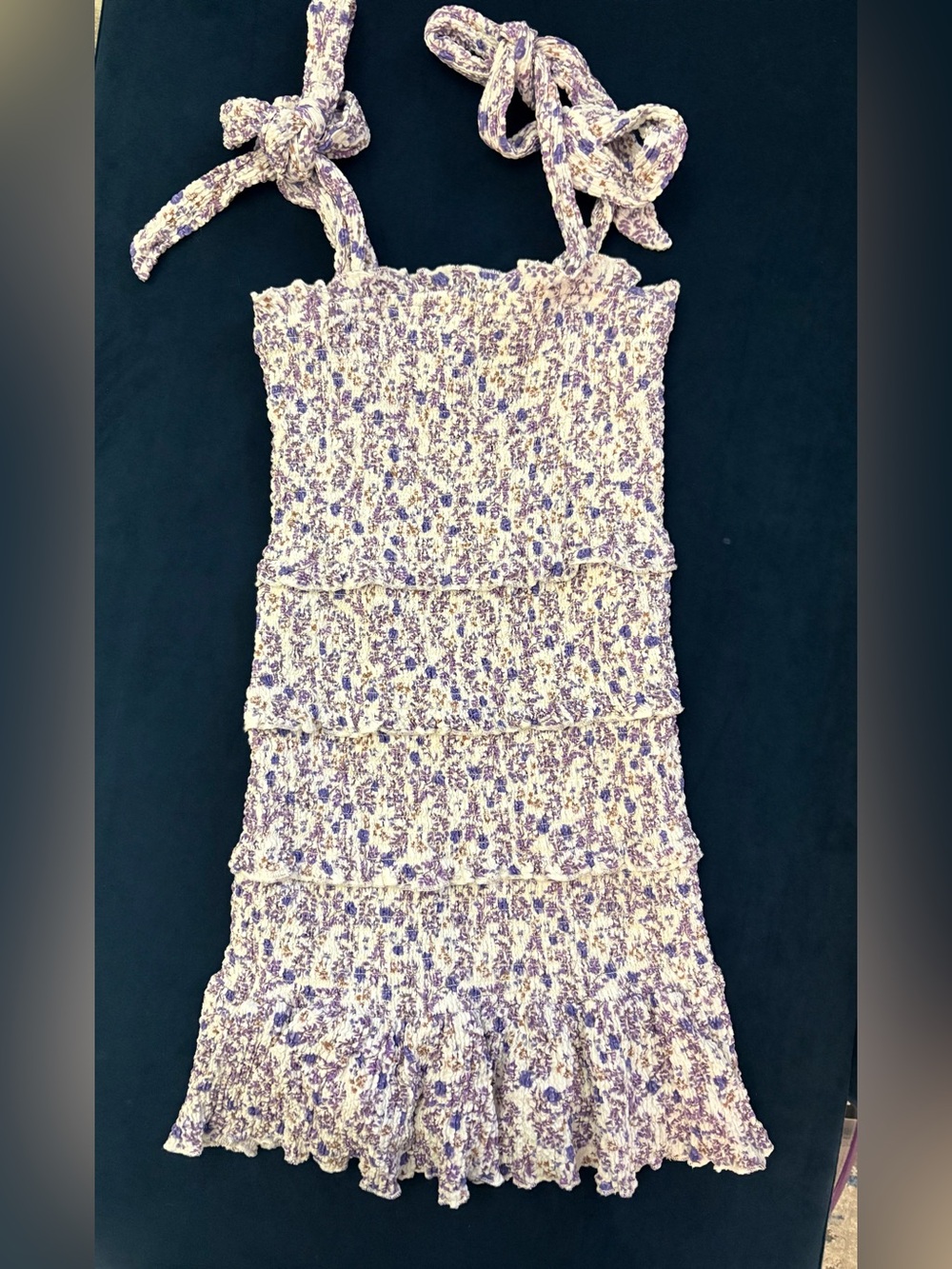 Katie J NYC Smocked Floral Tie-Shoulder lavender dress teen L